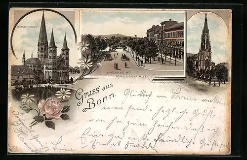 Vorläufer-Lithographie Bonn, 1894, Münsterkirche, Kaiserplatz mit Poppelsdorfer Allee