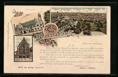 Lithographie Braunschweig, Blick auf Gewandhaus, Ortsansicht