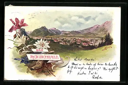 Künstler-AK Bad Reichenhall, Ortsansicht mit Wildblumen