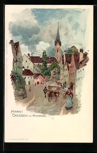 Lithographie Diessen a. Ammersee, Strassenpartie am Markt