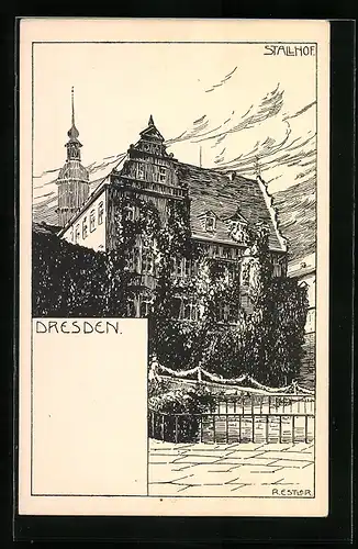 Künstler-AK Dresden, Blick auf den Stallhof