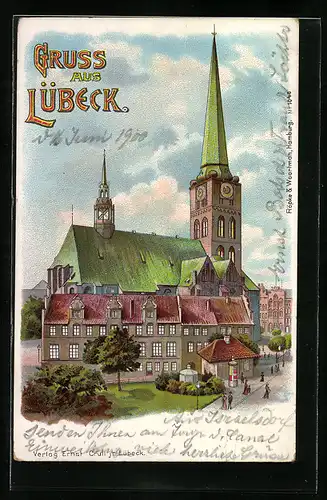 Lithographie Lübeck, Blick auf die Kirche