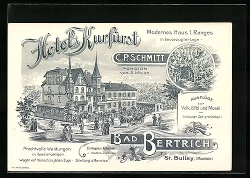 Lithographie AK Bad Bertrich, Hotel Kurfürst, Pension Schmitt, Käsegrotte