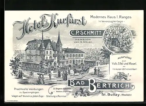 Lithographie AK Bad Bertrich, Hotel Kurfürst, Pension Schmitt, Käsegrotte
