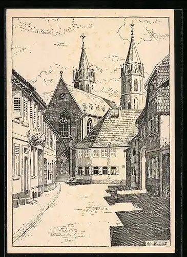 Künstler-AK Ladenburg a. Neckar, Kirchenstrasse mit Katholischer Kirche