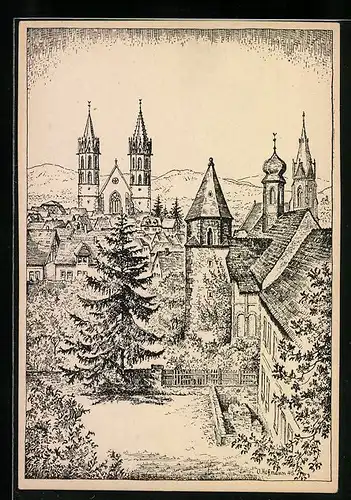 Künstler-AK Ladenburg / Neckar, Blick auf die Kirchen, nach orig. Federzeichnung v. O. Hoffmann