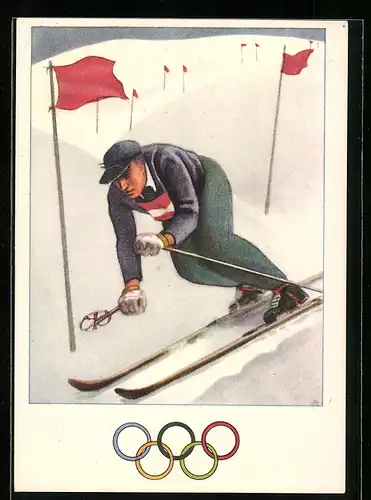 AK Karte zugunsten des Olympia-Fonds, Skifahrer auf der Slalom-Strecke