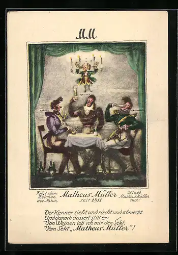 AK Menükarte, Reklame Matheus Müller-Wein, drei Männer als verkörperte Sinne: Geruch, Gesicht, Geschmack