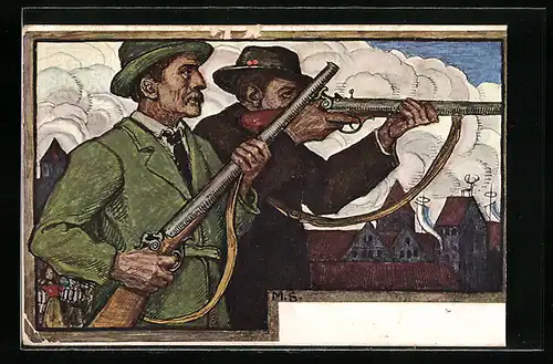 Künstler-AK München, XV. Dt. Bundesschiessen 1906, Schützen beim Schiessen