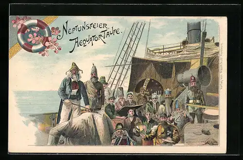 Lithographie Neptunsfeier, Aequator-Taufe an Bord eines Schiffes