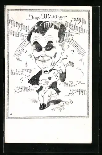 Künstler-AK Karikatur des Musikers Hugo Mödlinger mit Gitarre