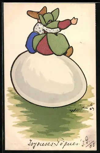 Künstler-AK M. Munk Nr. 146: Kleines Pärchen sitzt auf einem grossen Ei