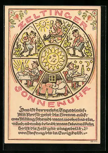 AK Zeltinger Sonnenuhr, Winzer bei der Arbeit und Trinken des Moselweines