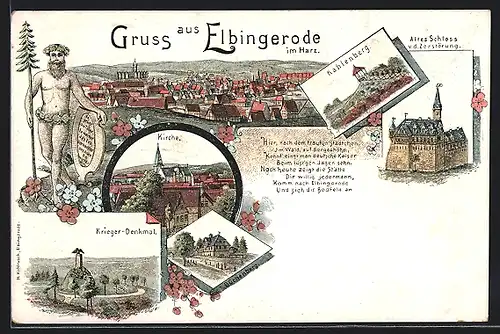 Lithographie Elbingerode /Harz, Büchenberg, Kriegerdenkmal, Figur mit Eichenkranz und Tanne, Totalansicht