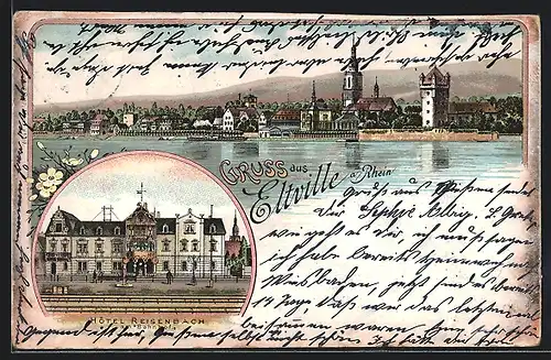 Lithographie Eltville /Rh., Hotel Reisenbach, Panorama vom Rhein