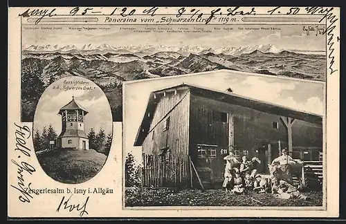 Künstler-AK Eugen Felle: Isny /Allg., Zengerlesalm, Gebäude mit Gruppe, Aussichtsturm a. d. Schwarzen Grat