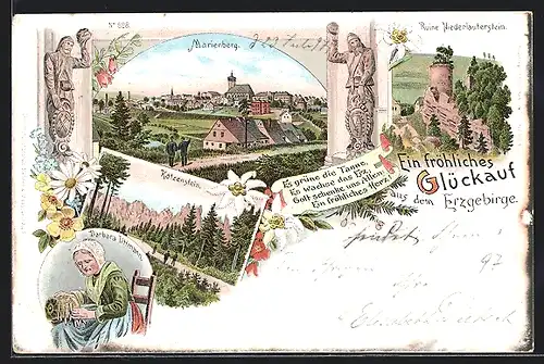 Lithographie Marienberg /Erzgebirge, Teilansicht, Ruine Niederlauterstein, Katzenstein