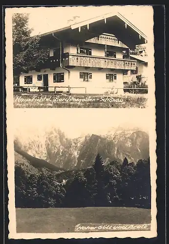 Foto-AK Berchtesgaden-Schönau, Hotel Haus Fichtel, Hoher Göll und Brett