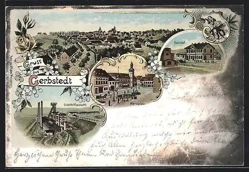 Lithographie Gerbstedt, Glückhilfsschacht, Bahnhof, Marktplatz