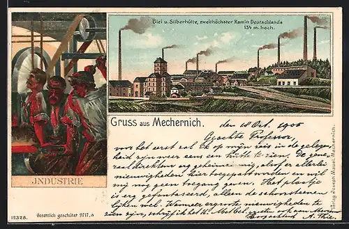 Lithographie Mechernich, Blei- und Silberhütte mit Strasse und Schienen, Industrie-Arbeiter in Fabrikhalle