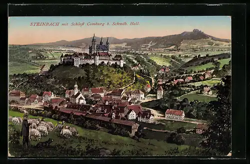 AK Steinbach, Totalansicht mit Schloss Comburg, Schäfer mit seiner Schafherde