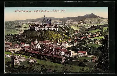 AK Steinbach, Totalansicht mit Schloss Comburg, Schäfer mit seiner Schafherde