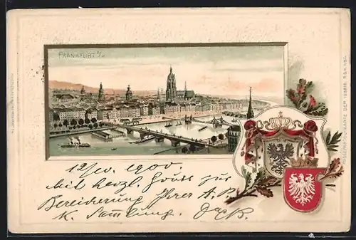 Passepartout-Lithographie Frankfurt, Dampfer, Ortspartie, Wappen
