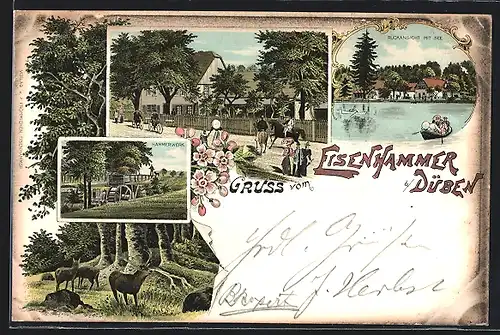 Lithographie Tornau, Gasthaus Eisenhammer, Rückansicht mit See, Hammerwerk