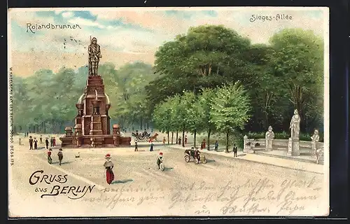 Lithographie Berlin, Sieges-Allee mit Rolandbrunnen