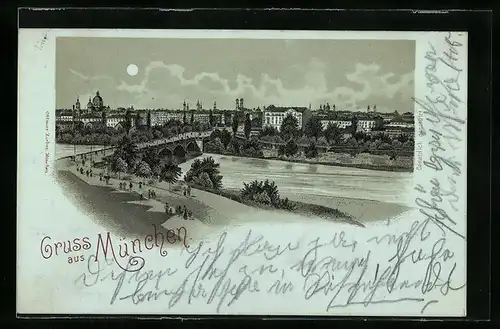 Mondschein-Lithographie München, Ortspartie und Flusspartie mit Brücke aus der Vogelschau