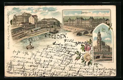 Lithographie Dresden, Italienisches Dörfchen, Jägerkaserne und Kath. Hof-Kirche