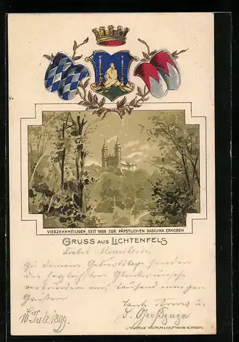 Passepartout-Lithographie Lichtenfels, Basilika Vierzehnheiligen mit Wappen