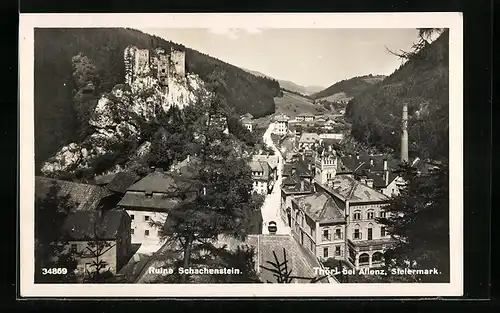 AK Thörl bei Aflenz, Ortspartie mit Ruine Schachenstein