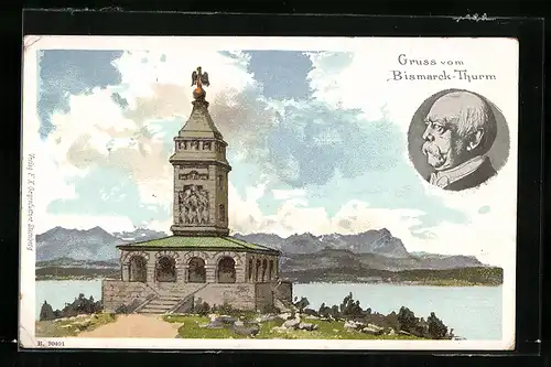 Lithographie Starnberg, Partie am Bismarckturm