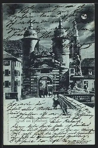 Mondschein-AK Heidelberg, Stadttor bei Vollmond