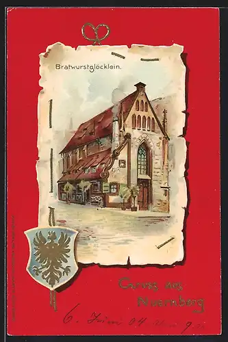 Lithographie Nürnberg, Gasthaus Bratwurstglöcklein, Wappen