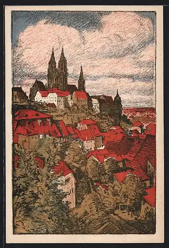 Steindruck-AK Meissen, Ortsansicht mit Blick auf Kirche