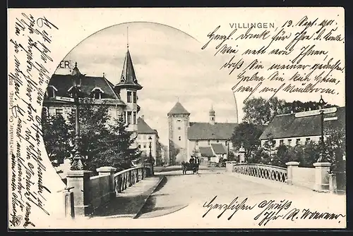AK Villingen, Brücke mit Pferdewagen