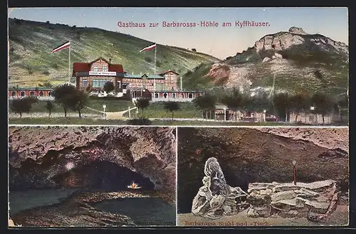 AK Kyffhäuser, Gasthaus Barbarossa, Höhle am Kyffhäuser, Barbarossastuhl und Tisch