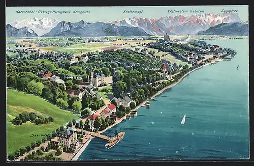 AK Berg, Ortsansicht mit See-Hotel, Schloss und Alpenkette