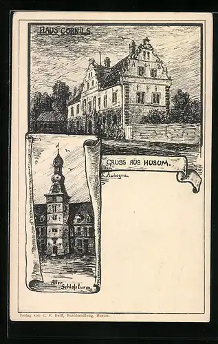 Künstler-AK Husum, Haus Cornils, Alter Schlossturm