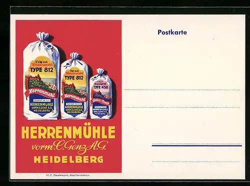 AK Heidelberg, Herrenmühle vorm. C. Genz A.G. mit Produkten Weizenmehl und Weizengriess