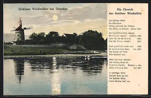 AK Dresden, Gohliser Windmühle im Mondschein, Chronik