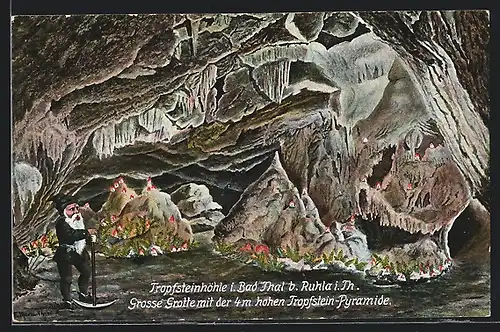 Künstler-AK Bad Thal b. Ruhla, Tropfsteinhöhle, Gross Grotte mit der Tropfstein-Pyramide und Zwergen