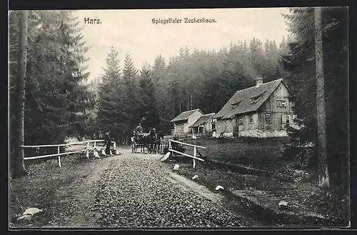 AK Clausthal-Zellerfeld, Spiegeltaler Zechenhaus mit Strasse und Fuhrwerk
