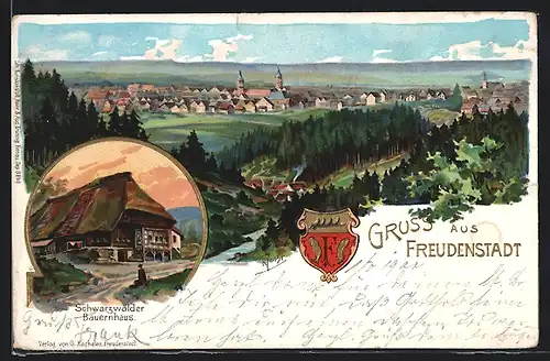 Lithographie Freudenstadt, Schwarzwälder Bauernhaus, Gesamtansicht, Wappen