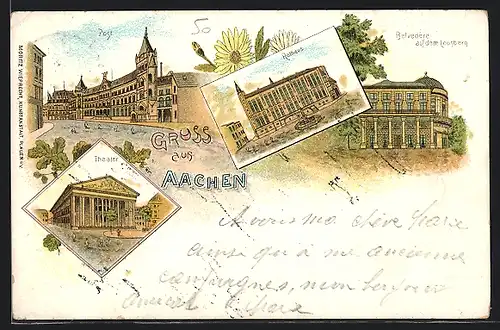 Lithographie Aachen, Belvedère auf dem Lousberg, Rathaus, Theater
