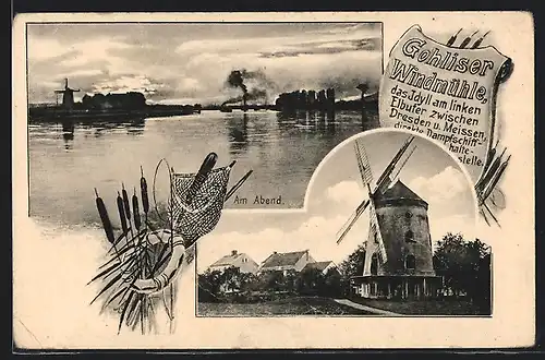 AK Gohlis, Gohliser Windmühle, Uferpartie am Abend