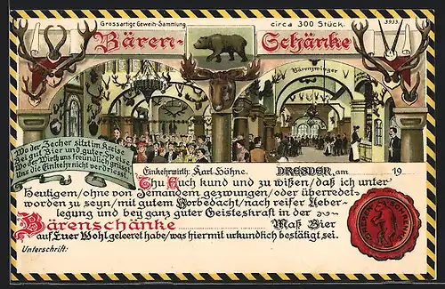 AK Dresden, Trinker-Urkunde aus der Bärenschänke