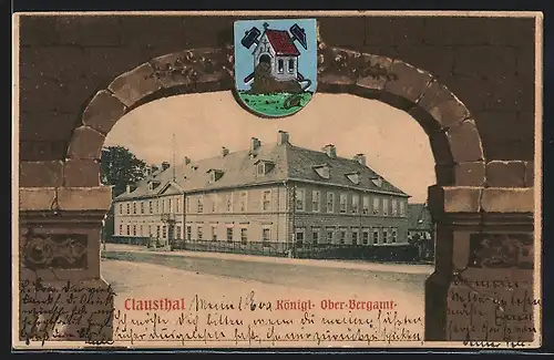 AK Clausthal, Königliches Ober-Bergamt durch Tor gesehen, Wappen, Passepartout